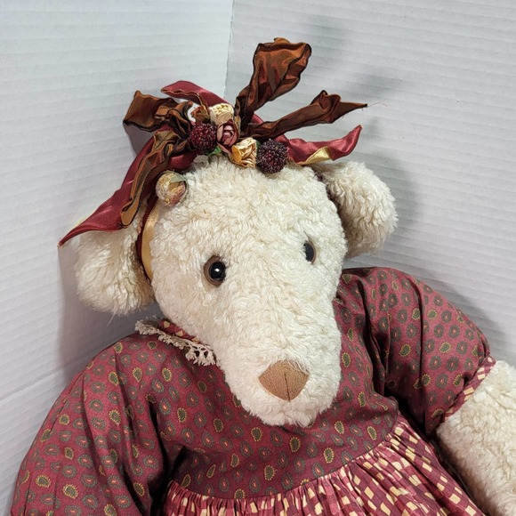 Fuzzy Dog Large Cream Colored Stuffed Plush Red Checkered Plaid Dress with Bows - Picture 2 of 9